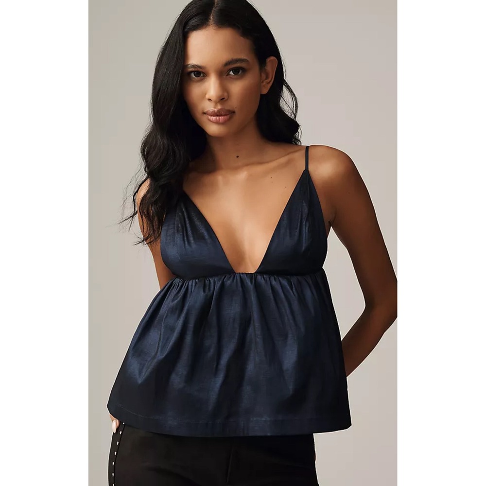 Sarah Hann Anthropologie Navy Blue Shimmer Babydoll V-Neck Camisole Top NWT‎